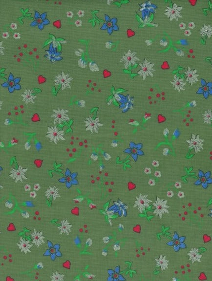 Zöld alapon kék virág szívecskével